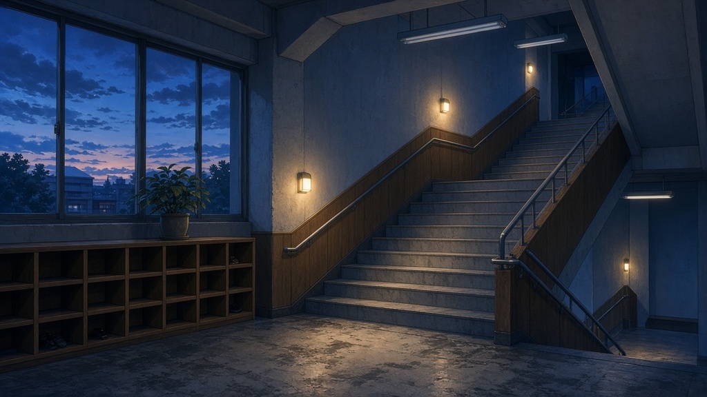 学園背景｜薄暮の学校階段