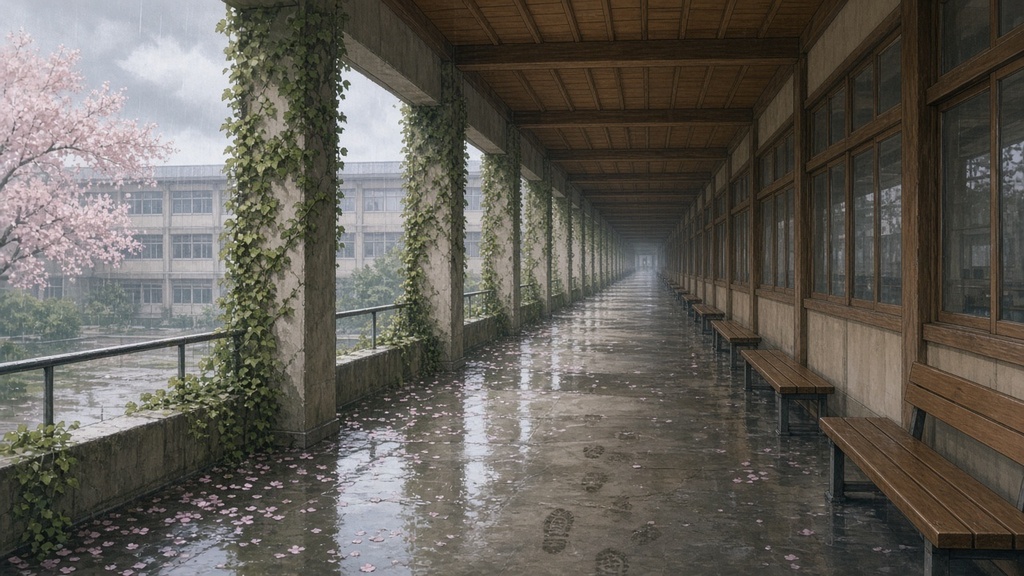 学園背景|渡り廊下・春の雨の昼下がり