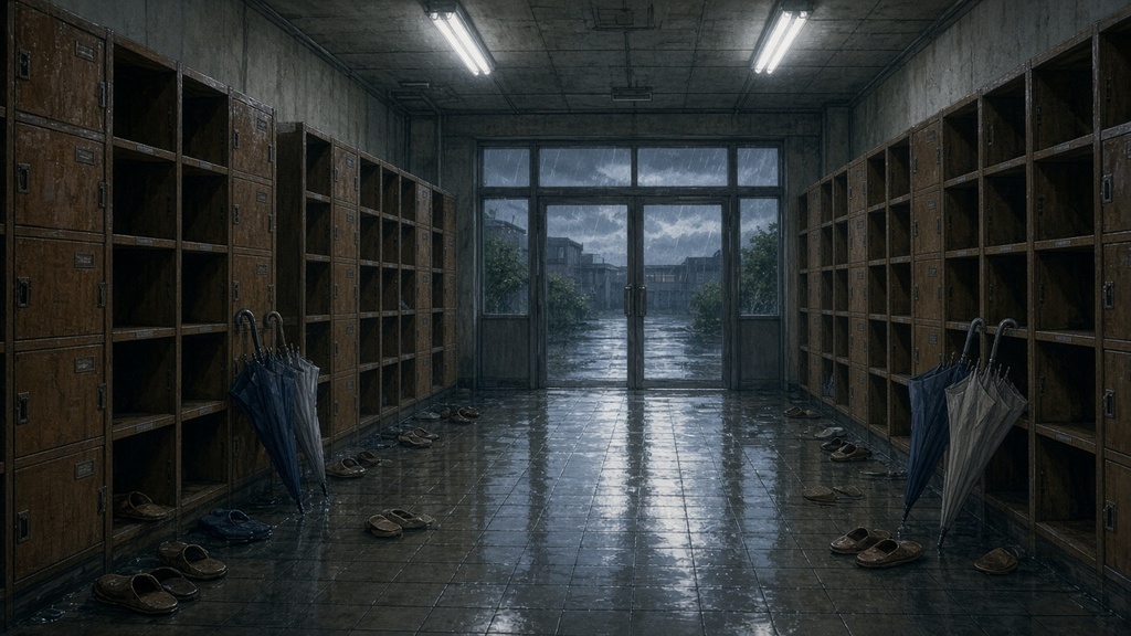 学園背景|下駄箱・雨の夕方