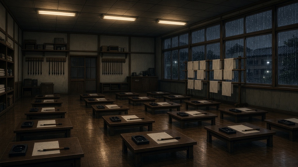 学園背景｜書道室・雨の夜
