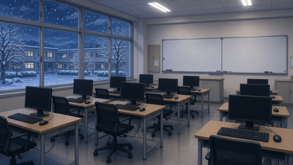 学園背景｜パソコン教室・雪の降る静かな冬の夜