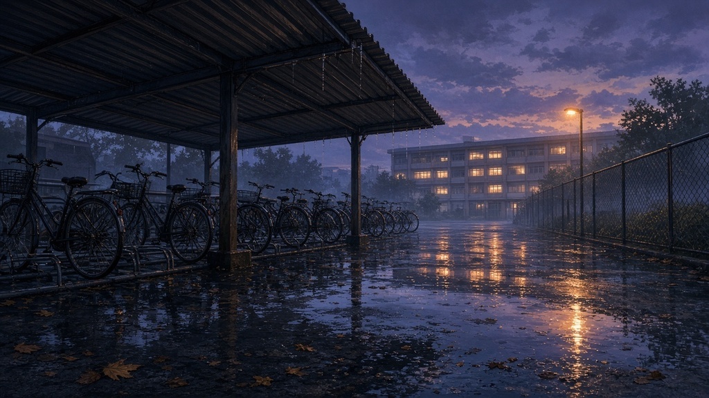 学園背景|駐輪場・雨上がりの夏の夕方