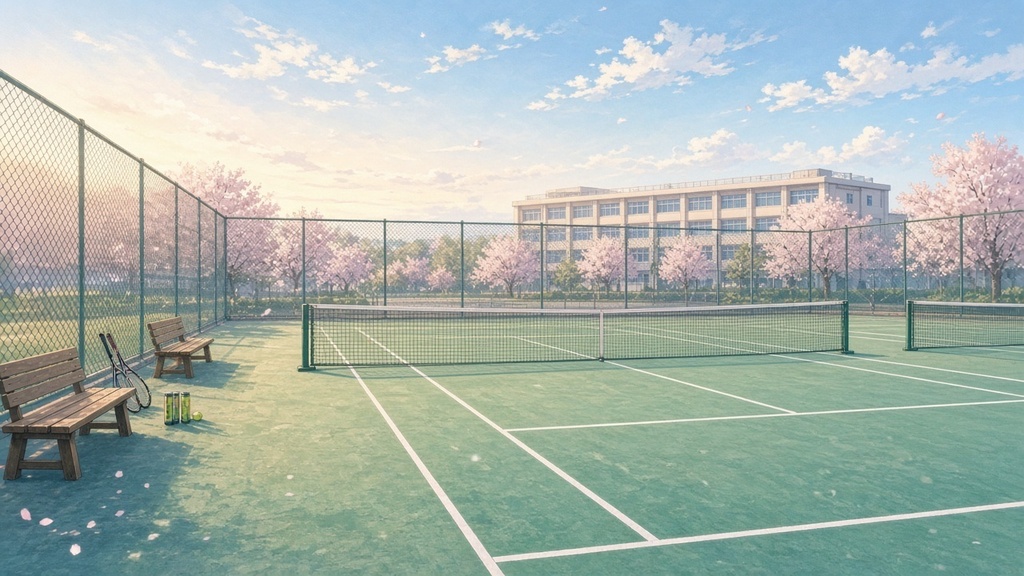 学園背景|春の朝のテニスコート