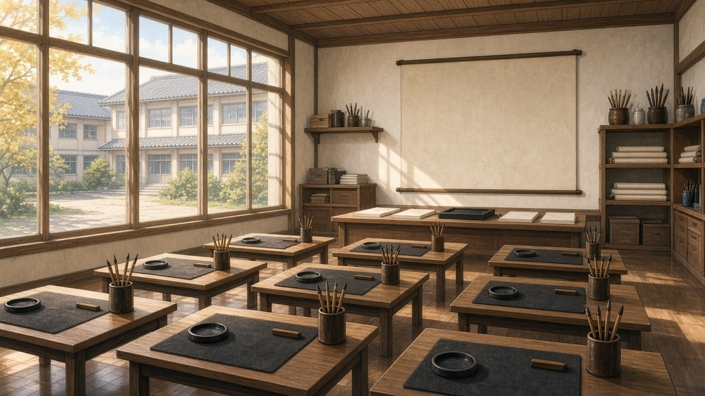 学園背景｜秋の朝の書道室