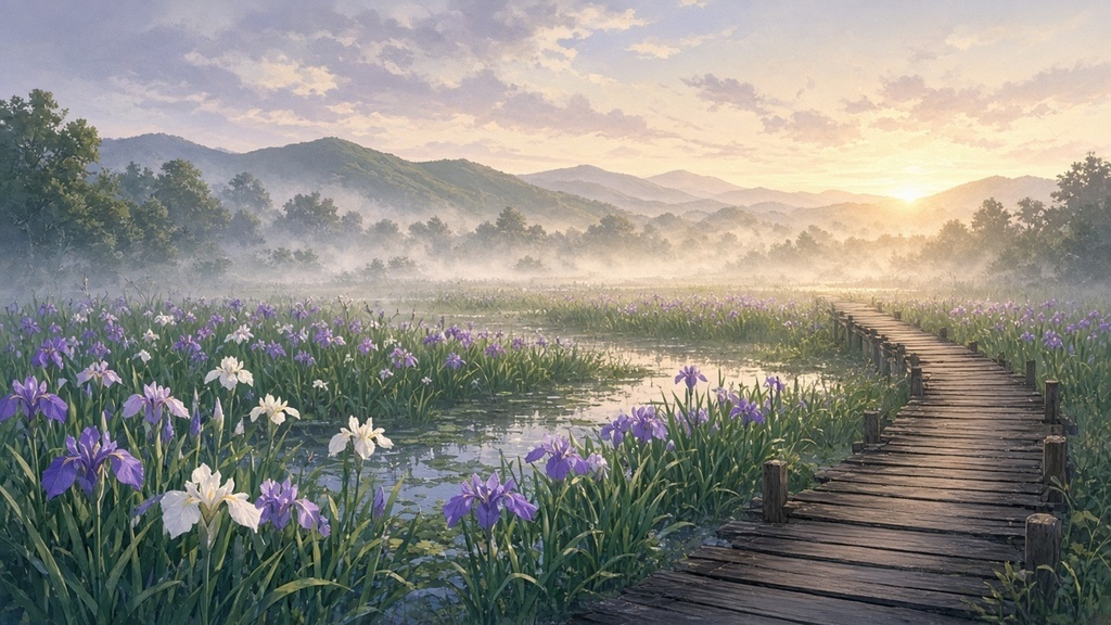 背景素材4枚（朝の菖蒲畑・昼の半纏屋・夜の川霧・夕暮れの茶の花）