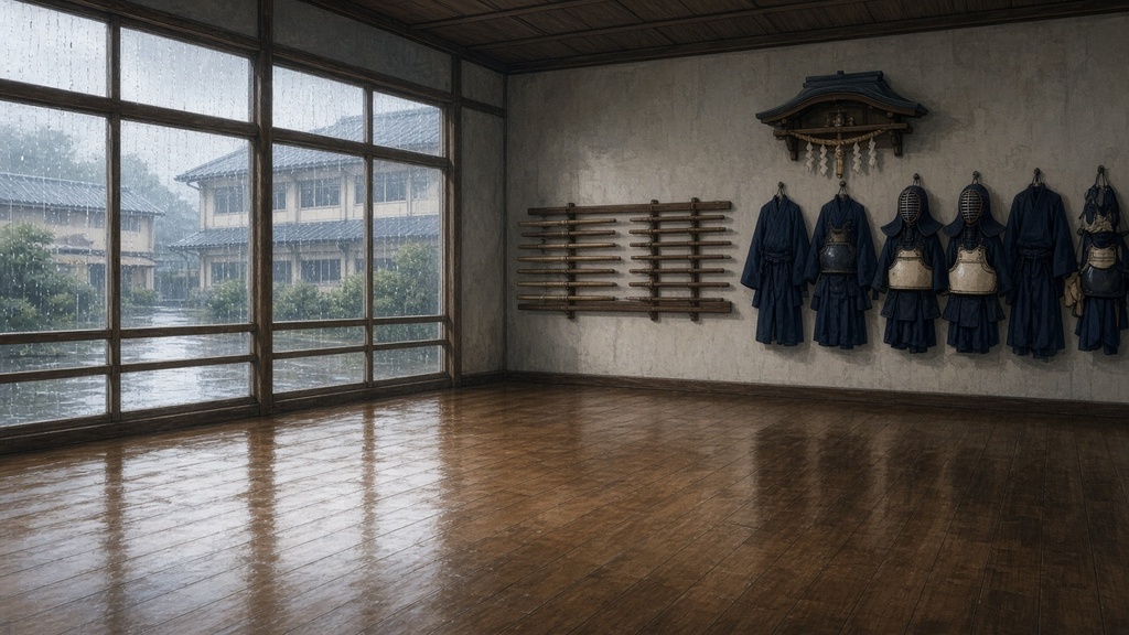 学園背景｜雨の朝の剣道場