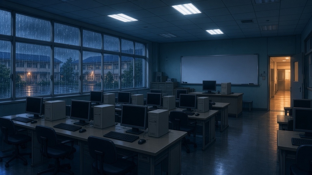 学園背景｜雨の夜のパソコン室