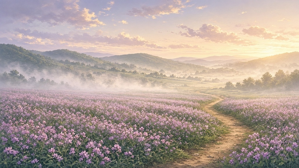 背景素材4枚（朝の蓮華畑・昼の蒲鉾屋・夜の水田・夕暮れの柚子畑）