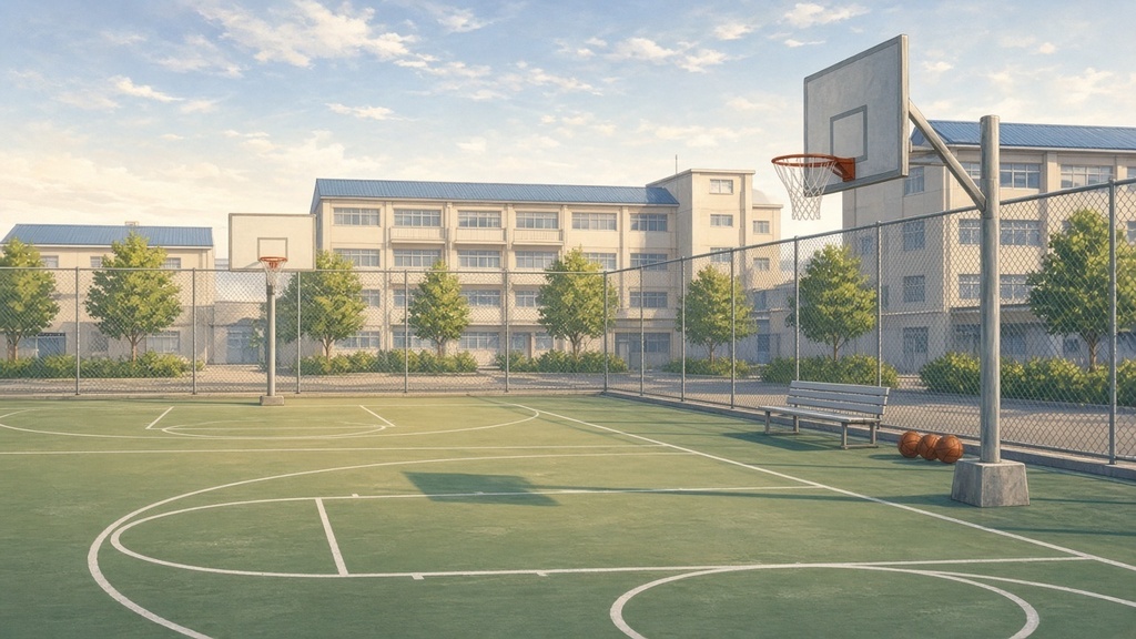 学園背景|初夏の朝のバスケットコート