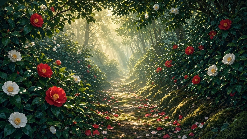 背景素材4枚（朝の椿畑・昼の昆布屋・夜の星見の丘・夕暮れの薔薇園）