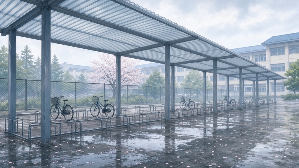 学園背景|霧の春の朝の駐輪場