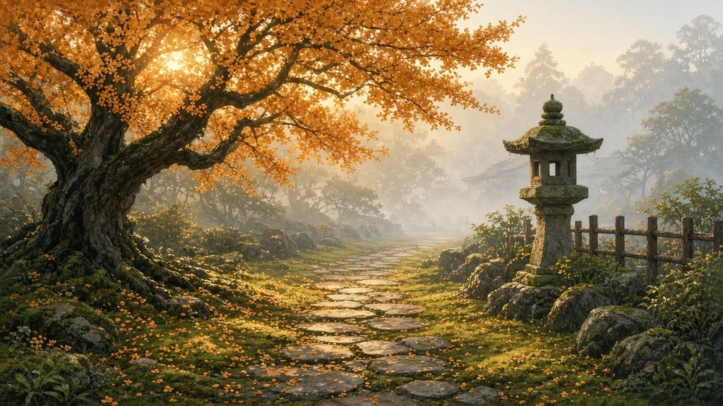 背景素材4枚（朝の金木犀の庭・昼の飴屋・夜の離れ座敷・夕暮れの杏畑）