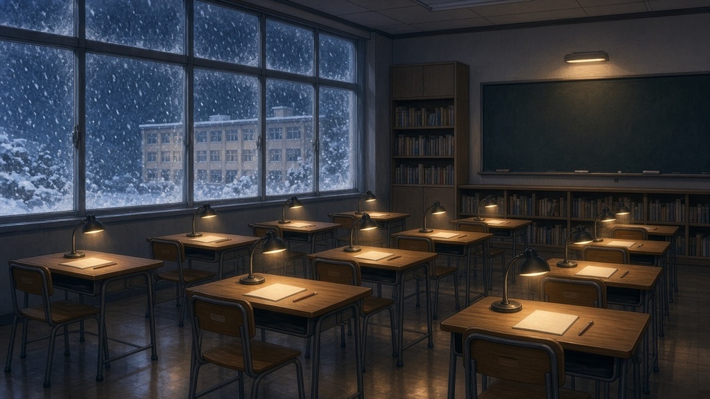 学園背景｜雪の夜の自習室