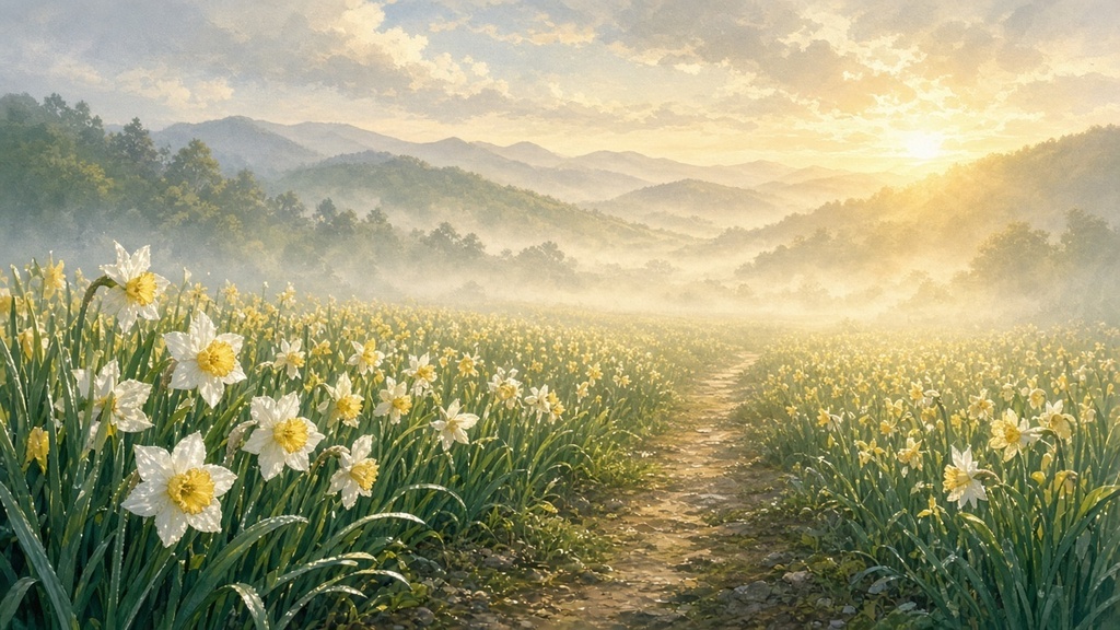背景素材4枚（朝の水仙畑・昼の湯葉屋・夜の雪の茶室・夕暮れの木槿）