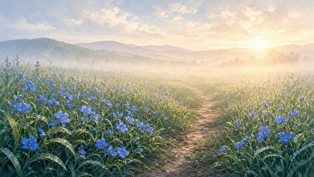 背景素材4枚（朝の露草畑・昼のこんにゃく屋・夜の霜の畑・夕暮れの凌霄）