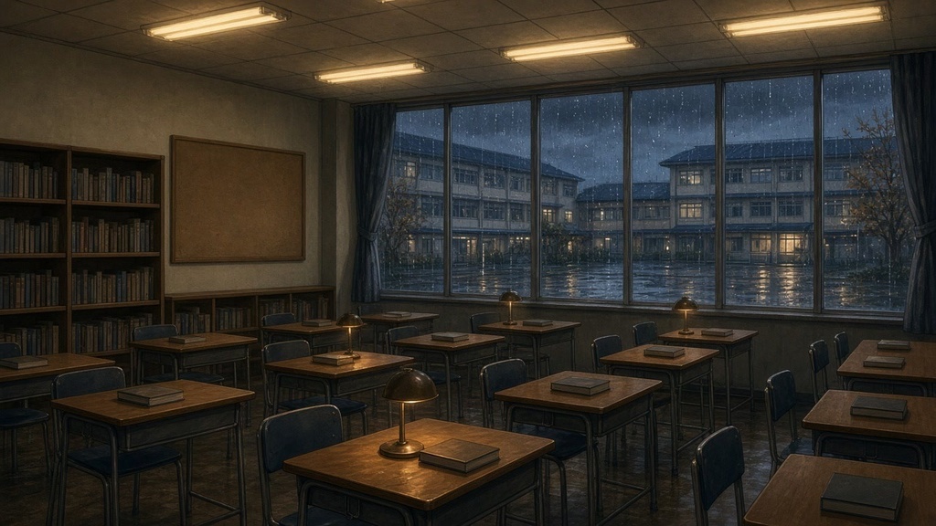 学園背景|雨の秋の夜の自習室