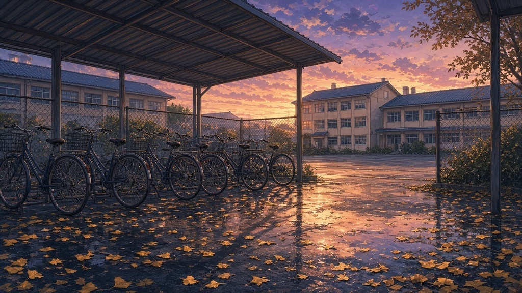 学園背景｜秋の夕暮れの駐輪場