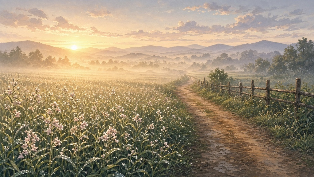 背景素材4枚（朝の胡麻畑・昼の酢屋・夜の雪の井戸・夕暮れの落花生畑）