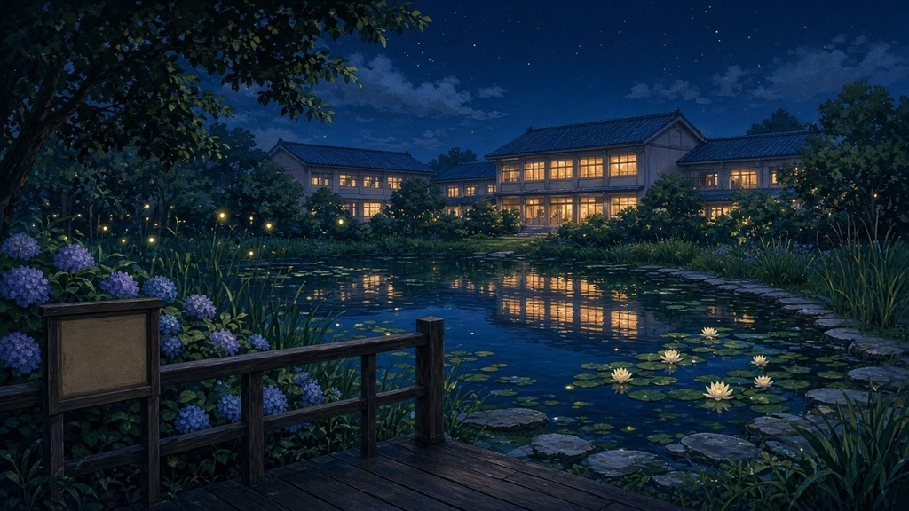 学園背景｜夏の夜のビオトープ