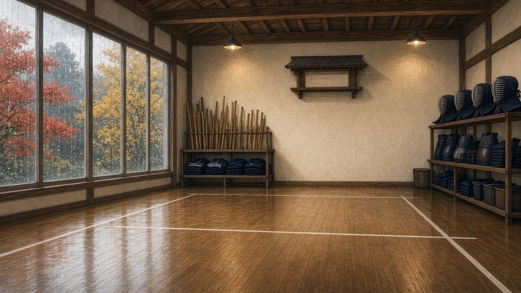 学園背景｜雨の秋の剣道場
