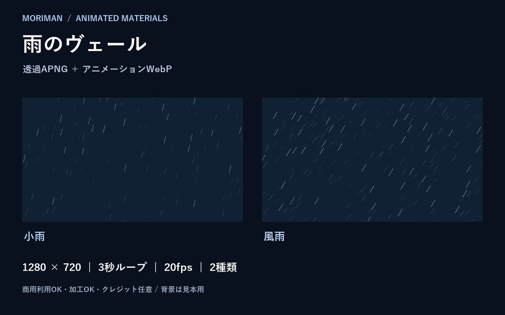 【透過APNG/WebP】雨のヴェール｜小雨・風雨 2種・3秒ループ