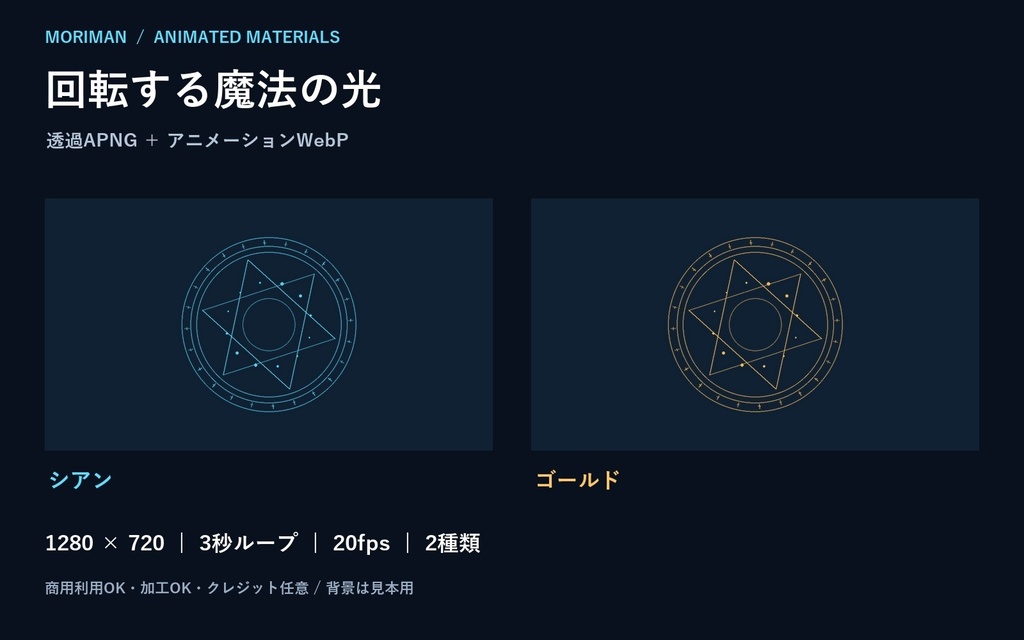 【透過APNG/WebP】回転する魔法の光|シアン・ゴールド 2色・3秒ループ