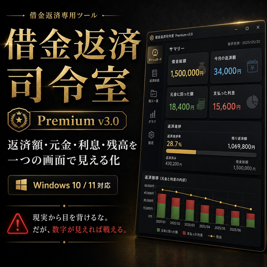 【先着10名・モニター価格450円】通常販売予定980円 借金返済司令室 Premium v3.0|複数の借金・元金・利息・家計・支払日を一括管理するWindows専用