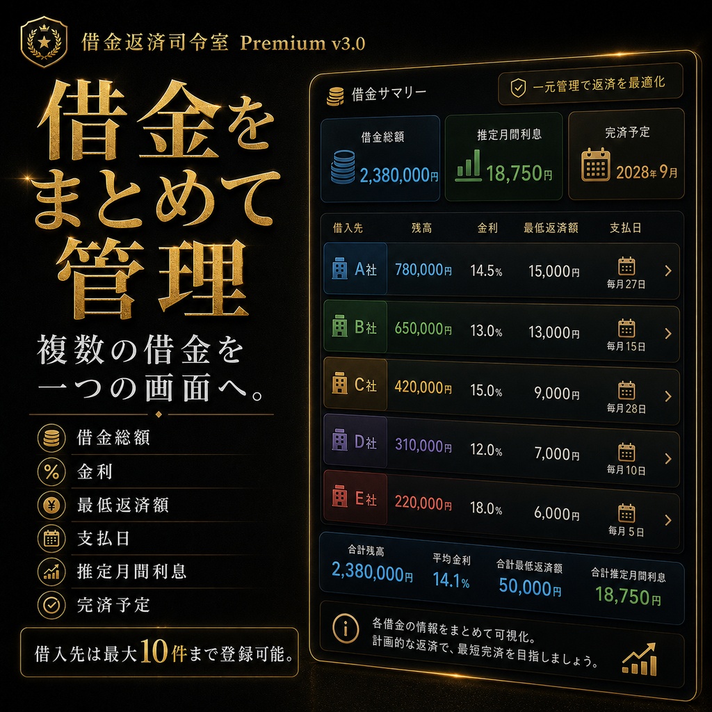 【先着10名・モニター価格450円】通常販売予定980円 借金返済司令室 Premium v3.0|複数の借金・元金・利息・家計・支払日を一括管理するWindows専用