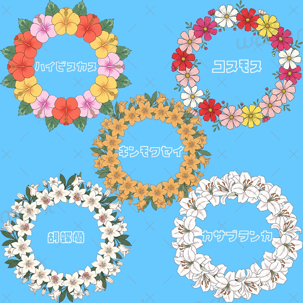 IRIAM素材　フラワーアイコンリング　アナベル カーネーション カサブランカ カスミソウ キキョウ キンモクセイ コスモス スミレ ハイビスカス 胡蝶蘭