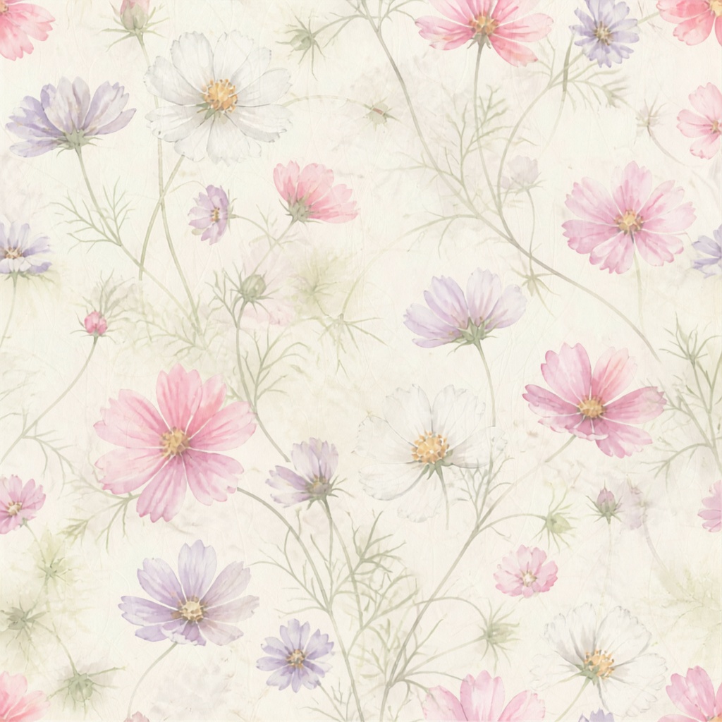 【シームレスパターン】コスモス 水彩デジタルペーパー 6枚セット|淡色・和紙風・高解像度PNG