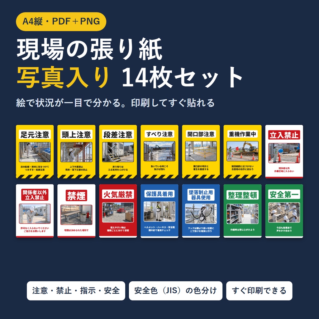 現場の張り紙 写真入り14枚セット|足元注意・立入禁止・火気厳禁ほか(A4・PDF+PNG)