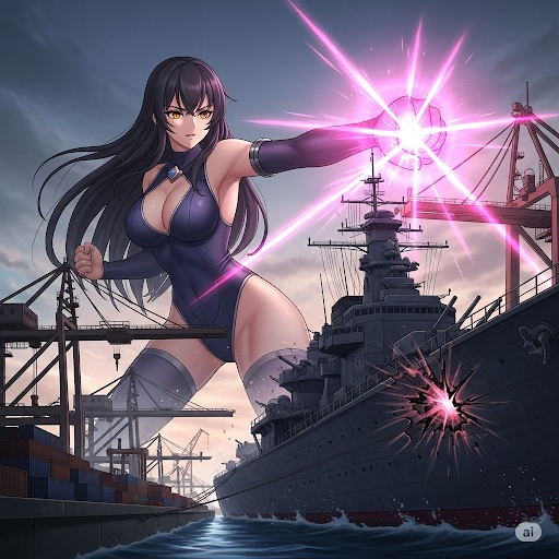 軍艦と戦う巨大美女