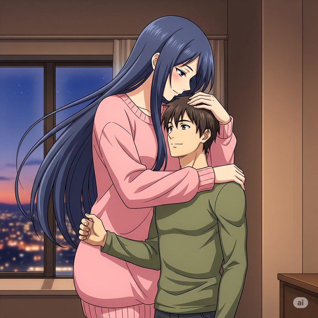 自分より背が高い女性に抱きしめられる男性