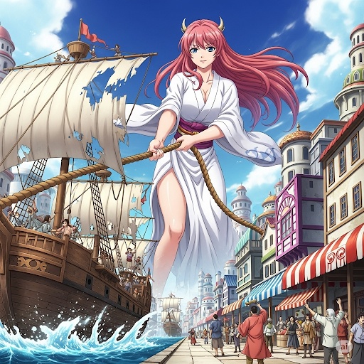 巨大美女が船を引っ張る