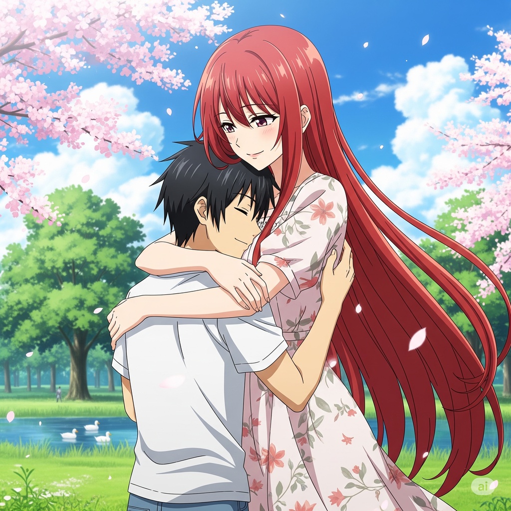 桜の木の下で高身長美女に抱きしめられる男性