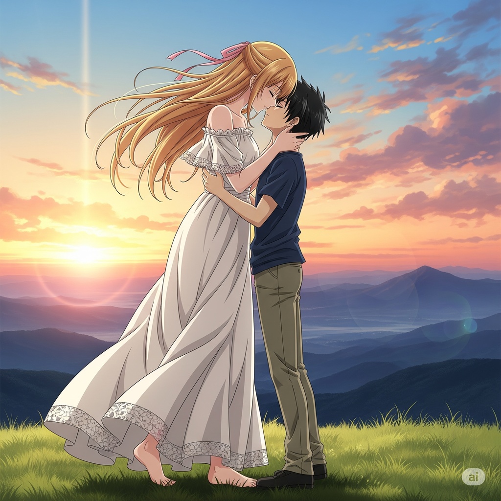 夕暮れに長身美女キスされる男性