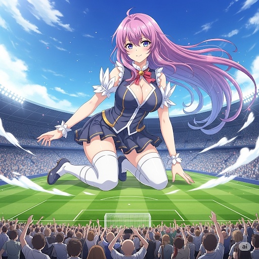 サッカー場に現れた巨大美女