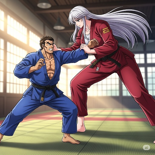 柔道の勝負をする巨大美女