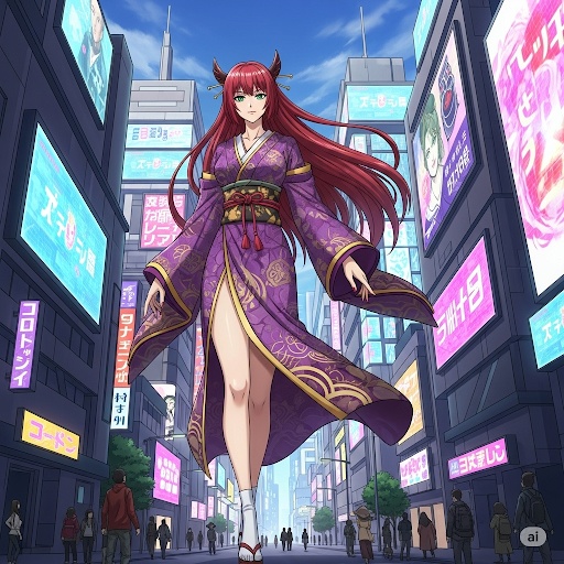 着物姿の巨大美女が街を歩く