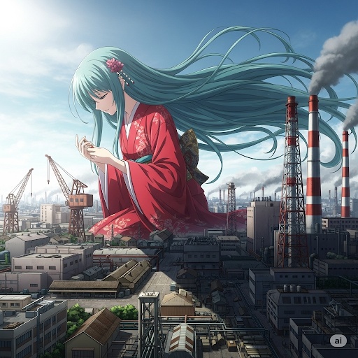 工業地帯の煙突より大きい巨大美女