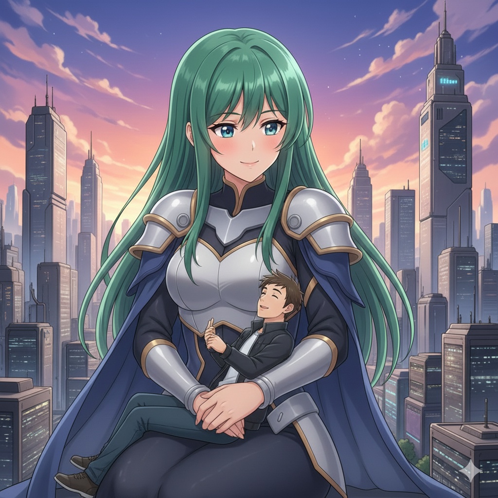 巨大美女に抱っこされる等身大の男性