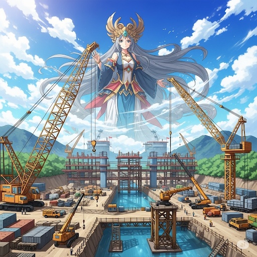 ビルの建築現場に現れる巨大美女