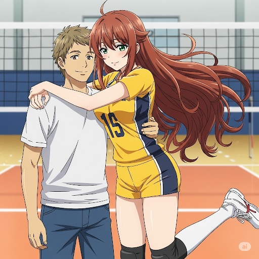 バレーボールのユニフォームを着た高身長美女に抱きしめられる男性