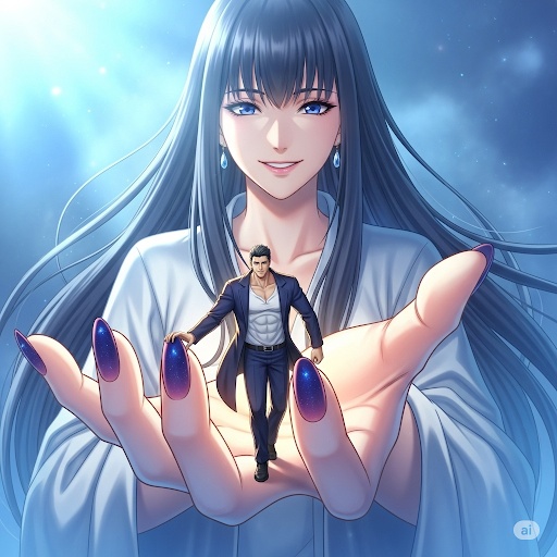 巨大美女の掌の上に乗る男性