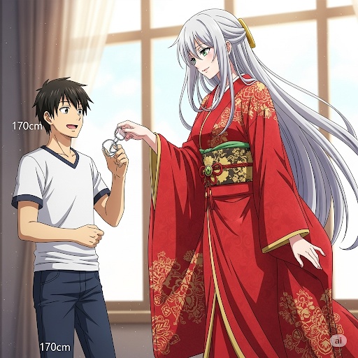 着物を着た高身長女性に見下ろされる男性