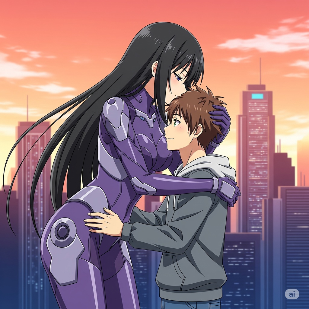 高身長のアンドロイド美女に抱きしめられる男性