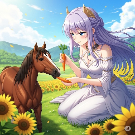 馬にニンジンを食べさす巨大美女