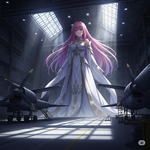 飛行機の格納庫にそびえ立つ巨大美女