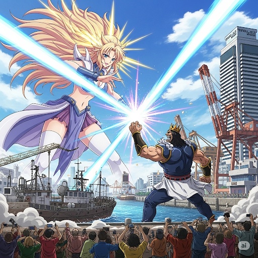 港で敵と戦う巨大美女