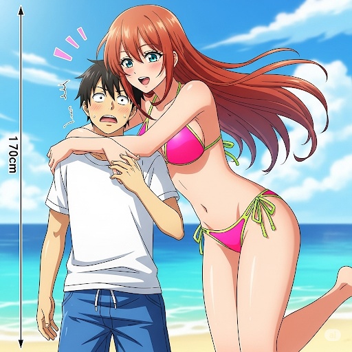 高身長のビキニ美女に後ろから抱きしめられる男性